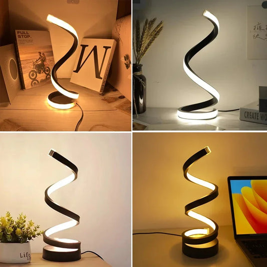 Spiral LED Table Lamp – USB, 3 Light Colours, Dimmable for Bedroom, Living Room or Office
