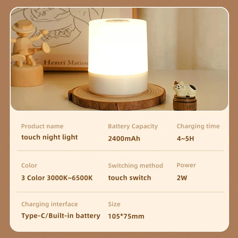 Touch LED Table Lamp – Night Light with 3 Brightness Modes and USB Rechargeable Battery