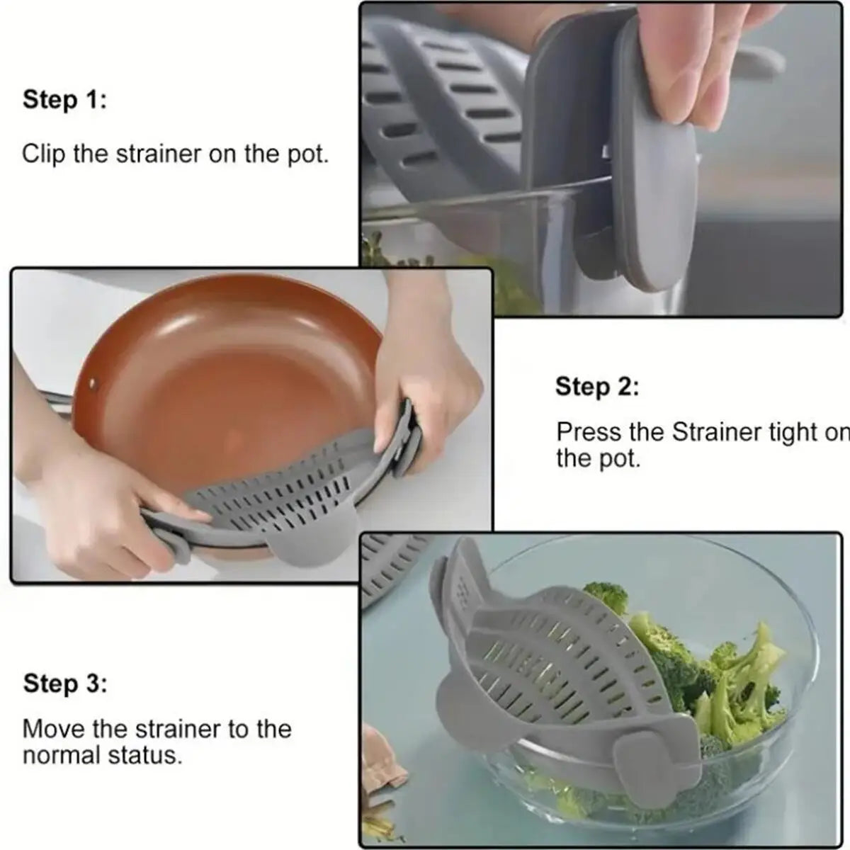 Universal Clip-On Pot Strainer – Practical Kitchen Tool for Pasta, Rice, and Vegetables