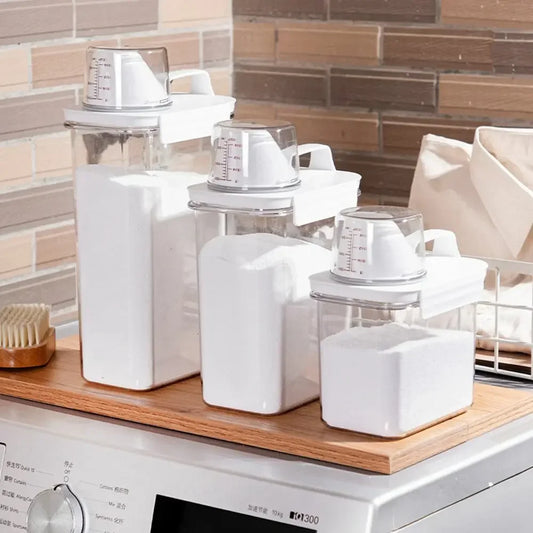 Airtight Powder or Liquid Soap Dispenser – Transparent Organiser with Lid and Measuring Cup
